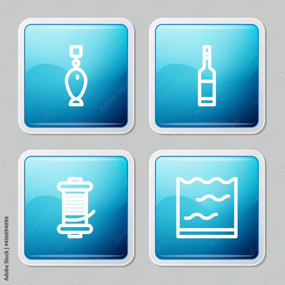 Set line Fishing spoon, Bottle of vodka, Spinning reel for fishing and Aquarium icon. Vector. Set line Fishing spoon, Bottle of vodka, Spinning reel for fishing and Aquarium icon. Vector.