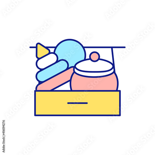 Donation toys to orphanage RGB color icon. Cleaning home from unnecessary and unused items. Charities and hospital. Helping to children. Tidying and decluttering. Isolated vector illustration