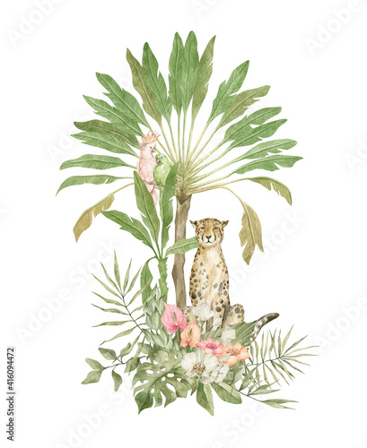 Photography Watercolor composition with cheetah, palm tree, parrot, flowers and leaves
