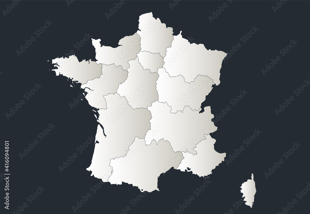 France map, Infographics flat design colors snow white, individual regions blank