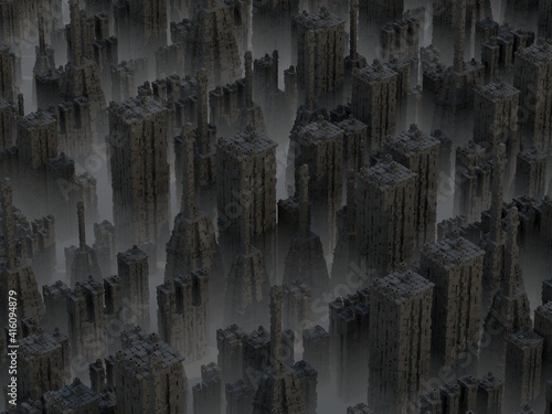 Image of stylized city buildings, 3D rendering © kuzavok