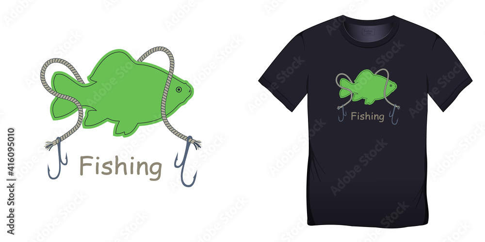 Print on t-shirt graphics design, motive image, fish carp with rope and hooks, isolated on background blank Print on t-shirt graphics design, motive image, fish carp with rope and hooks, isolated on background blank