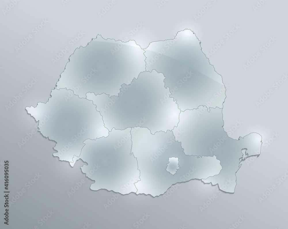 Fototapeta premium Romania map and flag, administrative division, separates regions and names individual region, design glass card 3D blank