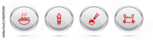 Set line Fish soup, Octopus, Sushi and Crab. Silver circle button. Vector.