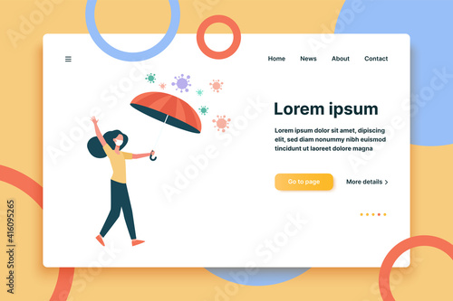 Woman in face masks protecting from virus. Coronavirus, umbrella, walking outdoors flat vector illustration. Virus, pandemic, protection concept for banner, website design or landing web page
