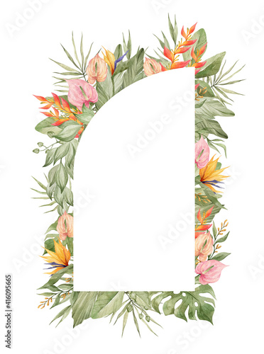 Watercolor floral frame with  bright tropical flower  strelitzia  monstera  palm leaf. Botanical arrangement for wedding invite  greeting  card  logo. Decorative ornament template. Summer floral frame
