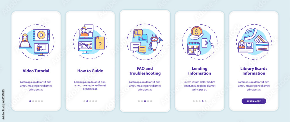 Online library helpline onboarding mobile app page screen with concepts. FAQ and Troubleshooting walkthrough 5 steps graphic instructions. UI vector template with RGB color illustrations