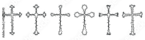 Vector collection of black ink or paint religion or faith cross symbol set isolated on white background. Abstract christian religious belief or faith art illustration for orthodox or catholic design