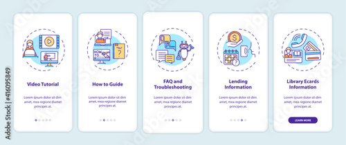 Online library helpline onboarding mobile app page screen with concepts. FAQ and Troubleshooting walkthrough 5 steps graphic instructions. UI vector template with RGB color illustrations