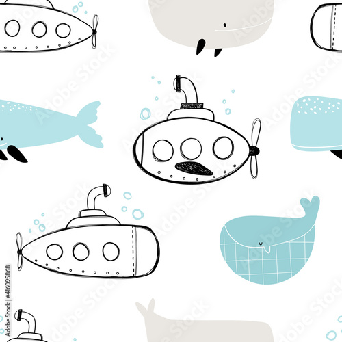 Vector hand-drawn colored childish seamless repeating simple flat pattern with whales and submarines in scandinavian style on a white background. Cute baby animals. Pattern for kids with whales.