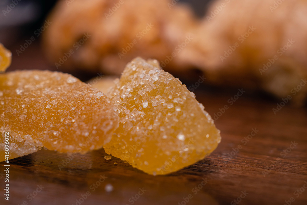 close-up of ginger with white sugar close-up of ginger with white sugar