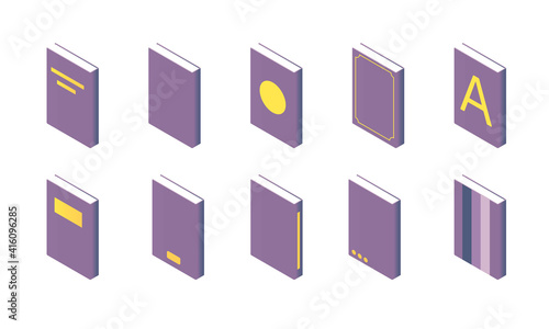 Book isometric - set of paperback literature with various hardcover isolated on white background. Education and reading concept - textbook for collecting studying scene.