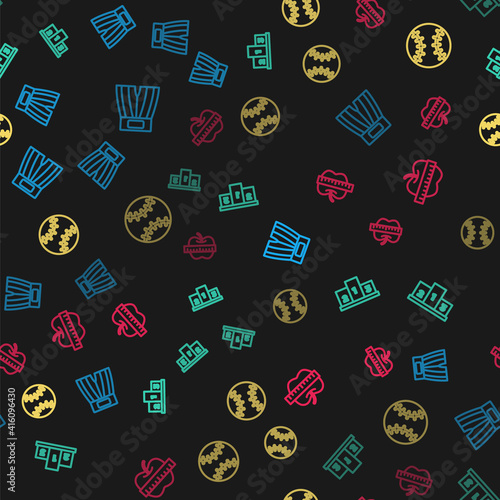 Set line Boxing short, Award over sports winner podium, Baseball ball and Apple and measuring tape on seamless pattern. Vector.