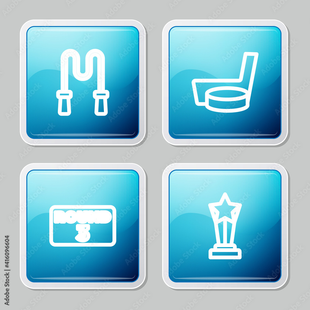 Set line Jump rope, Ice hockey stick and puck, Boxing ring board and Award cup icon. Vector. Set line Jump rope, Ice hockey stick and puck, Boxing ring board and Award cup icon. Vector.