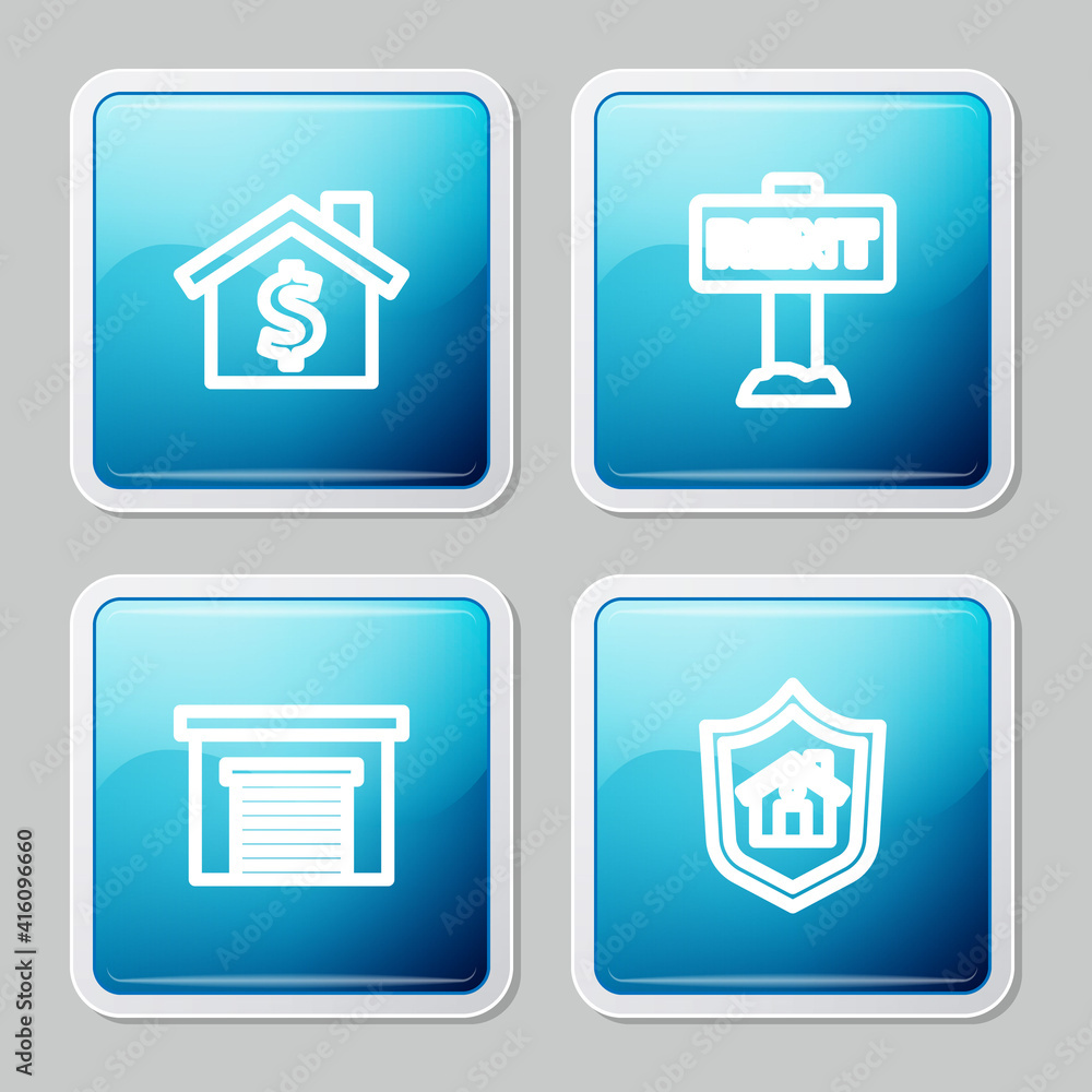 Set line House with dollar symbol, Hanging sign Rent, Garage and shield icon. Vector. Set line House with dollar symbol, Hanging sign Rent, Garage and shield icon. Vector.