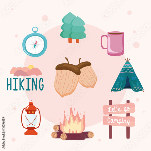 bundle of nine camping set icons vector illustration design
