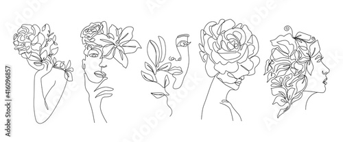 Women Faces Line Art Style with Flowers and Leaves. Continuous Line Art Drawing for Prints, Tattoos, Posters, Cards, Wall Art etc. Beautiful Woman Head Vector illustration. Minimalist Design.