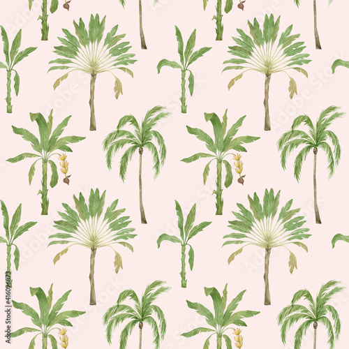 Watercolor seamless pattern with palm trees. Tropical jungle background. Coconut and banana palms. Exotic summer foliage, tropical forest landscape