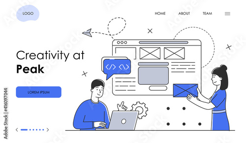 Male and female characters are creative at peak. Man and woman are working on website interface together. Website, web page, landing page template. Flat cartoon vector illustration