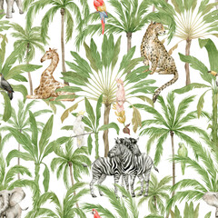 Sierkussen Tropische print patronen Aquarel regenwoud safari dieren palmen  © Kate K.