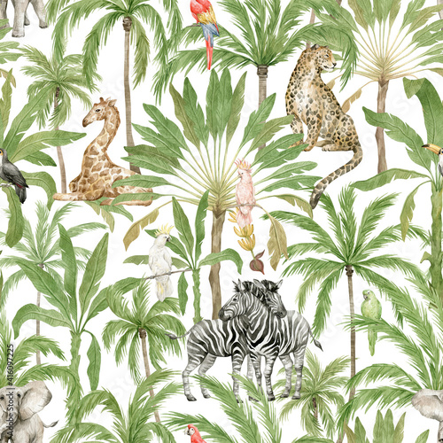 Photography Watercolor seamless pattern with African animals and palm trees
