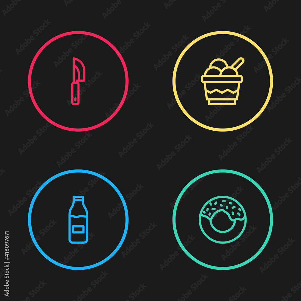 Set line Bottle with milk, Donut, Ice cream in bowl and Knife icon. Vector.