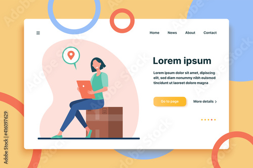Woman with tablet mailing package. Sender inserting address online, sending big box flat vector illustration. Shipping, logistics, delivery concept for banner, website design or landing web page