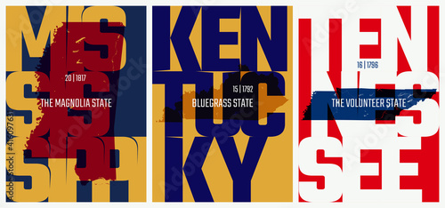 Vector posters states of the United States with a name, nickname, date admitted to the Union, Division East South Central - Mississippi, Kentucky, Tennessee - set 11 of 17