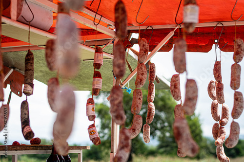 salami in a traditional route stall Argentine food of meat and fat in animal gut