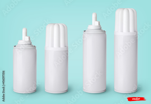 Whipped cream bottle cans on blue background. 3d realistic vector illustration of sweet dairy product. Mockup of whipped cream package.