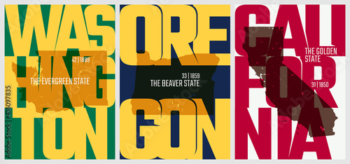 Vector posters states of the United States with a name, nickname, date admitted to the Union, Division Pacific - Washington, Oregon, California - set 16 of 17