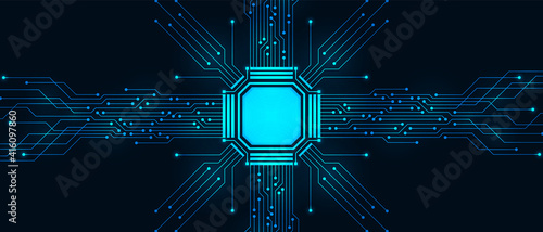Abstract Technology Background, blue circuit board and microchip, digital power line