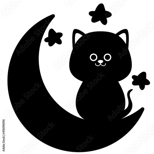 Black silhouette of a cat on the moon isolated on white background. Flat design for poster or t-shirt. Vector illustration
