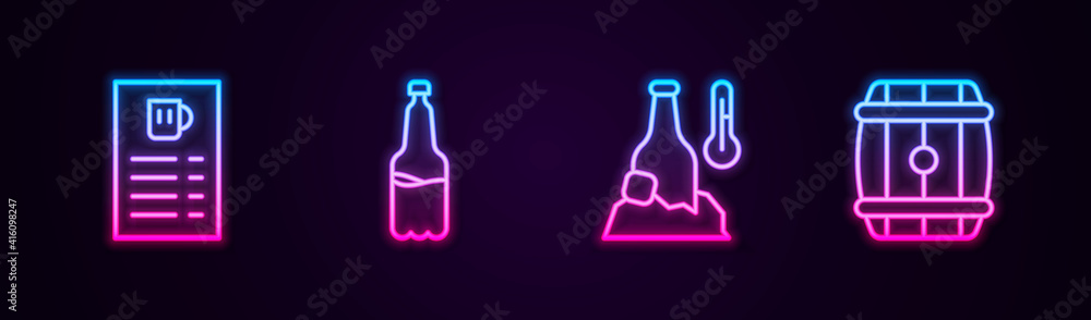 Set line Beer menu, Plastic beer bottle, Cold and Wooden barrel. Glowing neon icon. Vector. Set line Beer menu, Plastic beer bottle, Cold and Wooden barrel. Glowing neon icon. Vector.