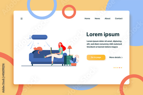 Woman sitting on sofa with cat and laptop under air conditioner. Girl, cooling, couch flat vector illustration. Home and freelance concept for banner, website design or landing web page