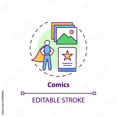 Comics concept icon. Online library catalogue idea thin line illustration. Entertaining literature is always at hand. Web access. Vector isolated outline RGB color drawing. Editable stroke