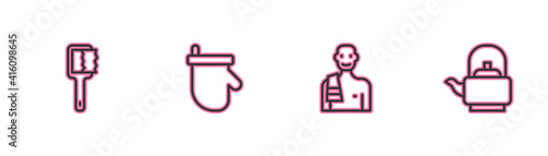 Set line Sauna brush, Man in the sauna, mittens and Kettle with handle icon. Vector.