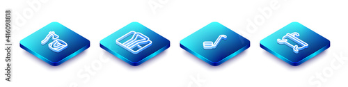 Set Isometric line Wooden axe in stump, Bathrobe, Sauna ladle and Bathtub icon. Vector.