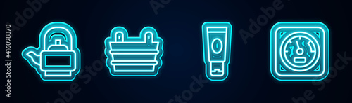 Set line Kettle with handle, Sauna bucket, Cream or lotion cosmetic tube and thermometer. Glowing neon icon. Vector.