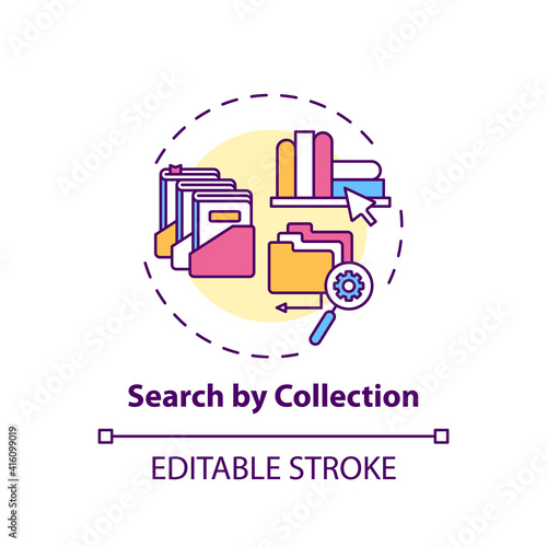 Search by collection concept icon. Online library catalogue optimization idea thin line illustration. Search options improvement. Vector isolated outline RGB color drawing. Editable stroke