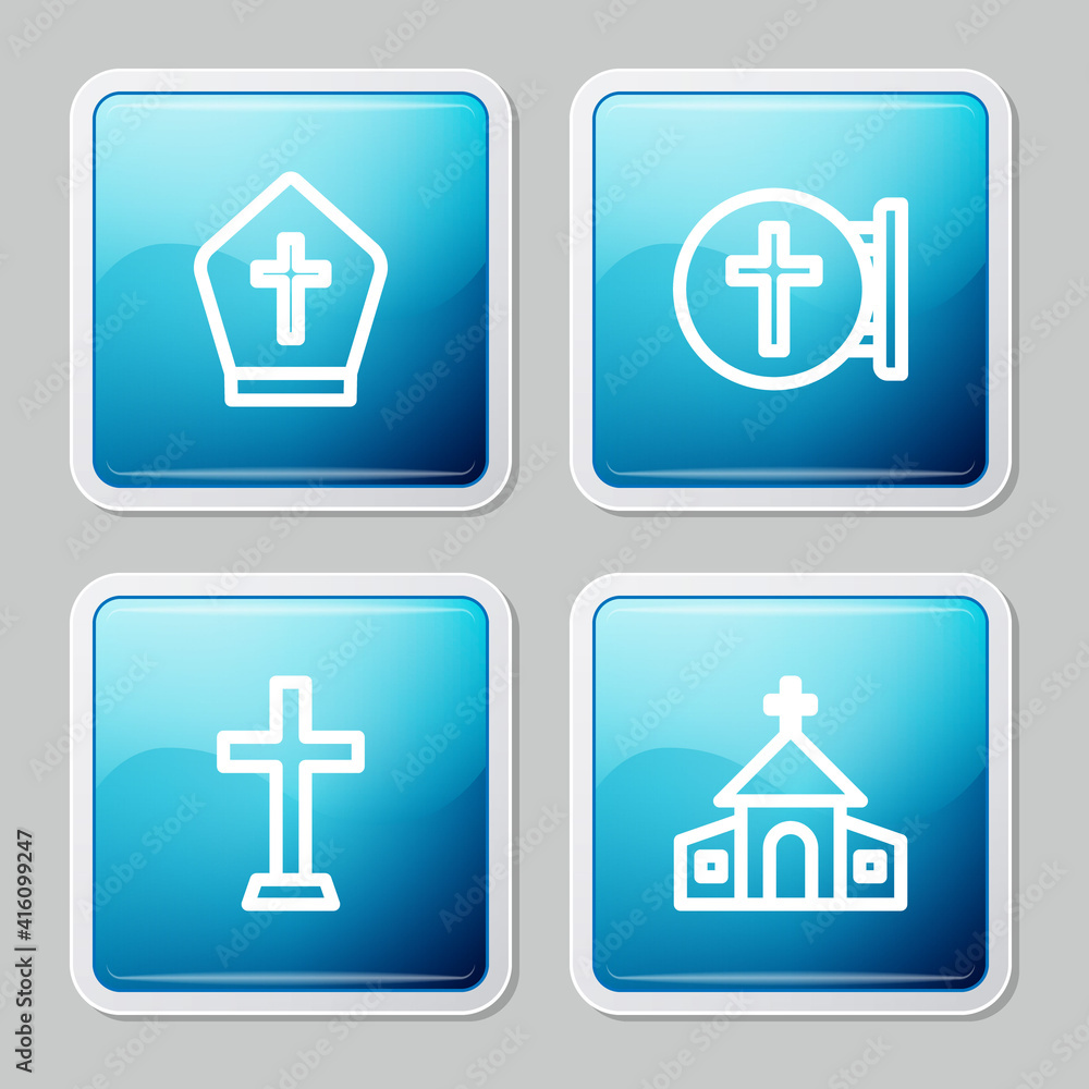 Set line Pope hat, Christian cross, and Church building icon. Vector.