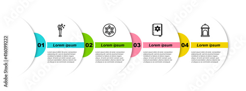 Set line Aspergillum, Star of David, Jewish torah book and Muslim Mosque. Business infographic template. Vector.