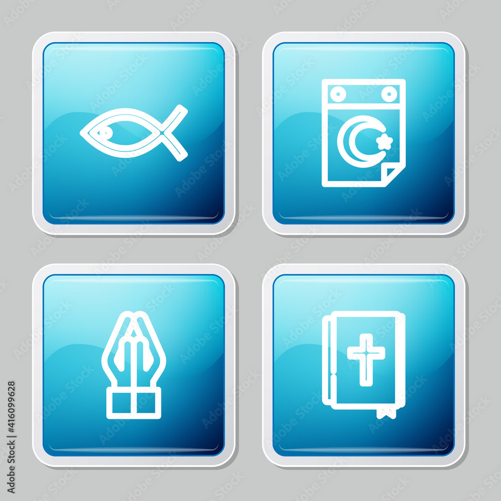 Set line Christian fish, Star and crescent, Hands in praying position and Holy bible book icon. Vector. Set line Christian fish, Star and crescent, Hands in praying position and Holy bible book icon. Vector.