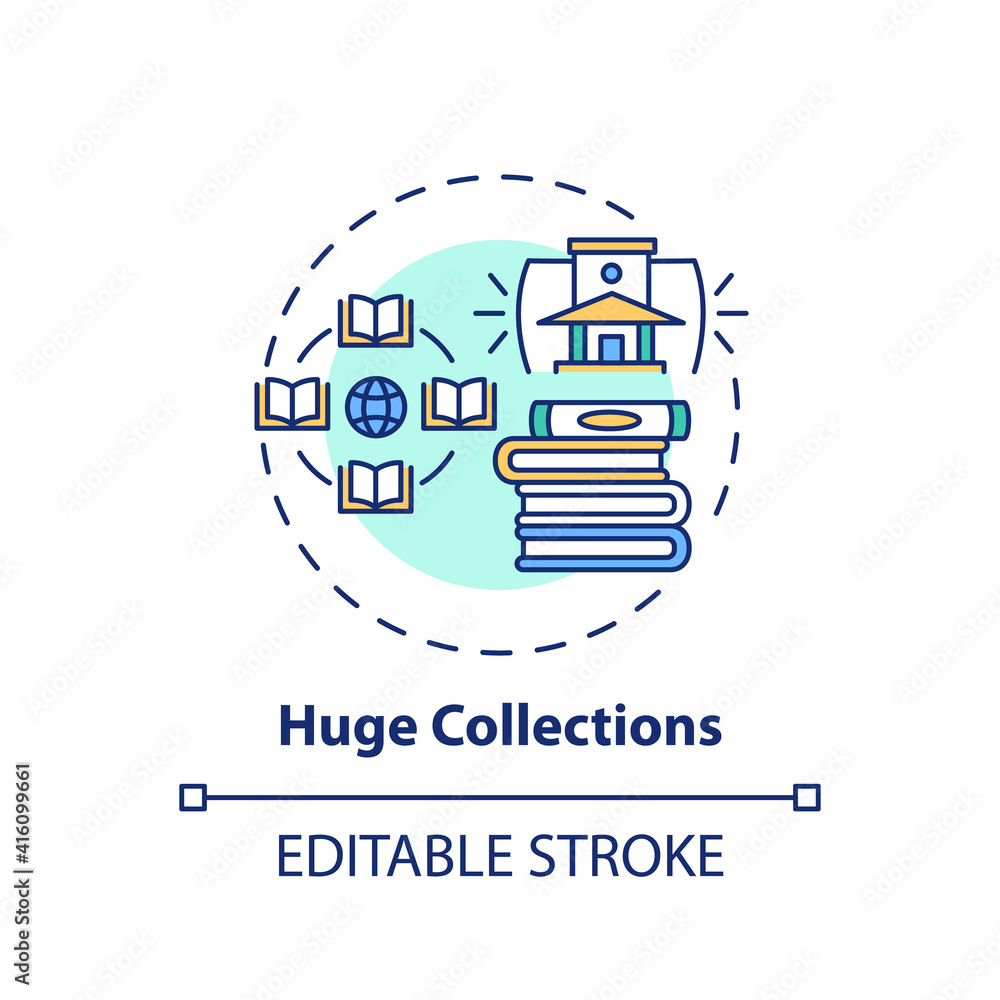 Huge collection concept icon. Online library benefits idea thin line illustration. Free information access. Friendly interface. Vector isolated outline RGB color drawing. Editable stroke Huge collection concept icon. Online library benefits idea thin line illustration. Free information access. Friendly interface. Vector isolated outline RGB color drawing. Editable stroke
