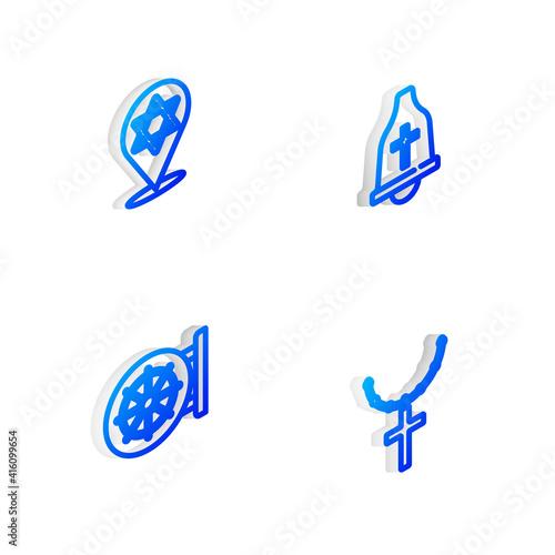 Set Isometric line Church bell, Star of David, Dharma wheel and Christian cross on chain icon. Vector.
