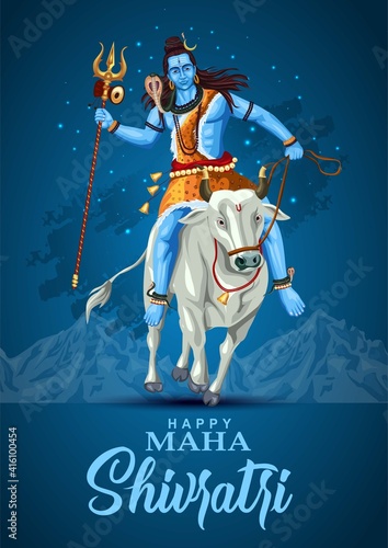 happy maha Shivratri mahadev ride with Nandhi , a Hindu festival celebrated of lord shiva night, english calligraphy. vector illustration design