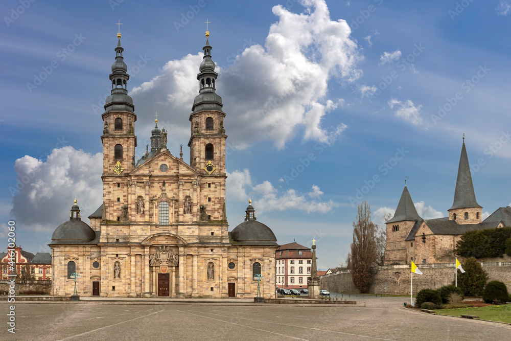 view from the cobbled stone square of the beautiful Gothic cathedral in the small German town of Fulda