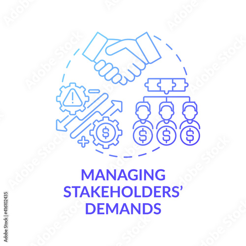Managing stakeholders demands concept icon. Top management tasks. Practice good communication skills. Company idea thin line illustration. Vector isolated outline RGB color drawing