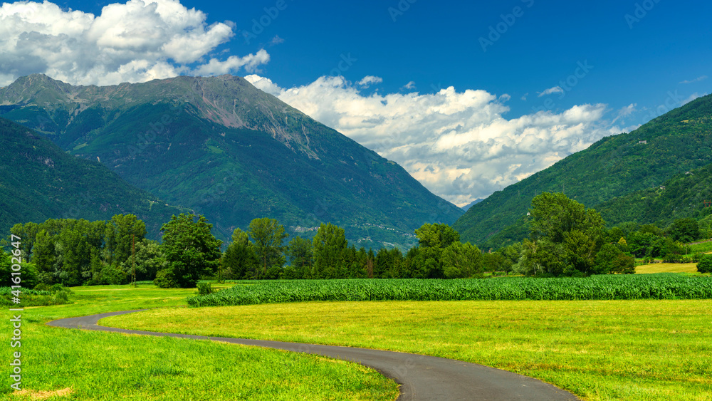 Summer landscape along the Sentiero della Valtellina, cycleway Summer landscape along the Sentiero della Valtellina, cycleway