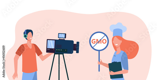 Healthy food blogger taking video workshop. Camera man making reportage, chef choosing GMO free meal. Flat vector illustration. Cooking blog concept for banner, website design or landing web page
